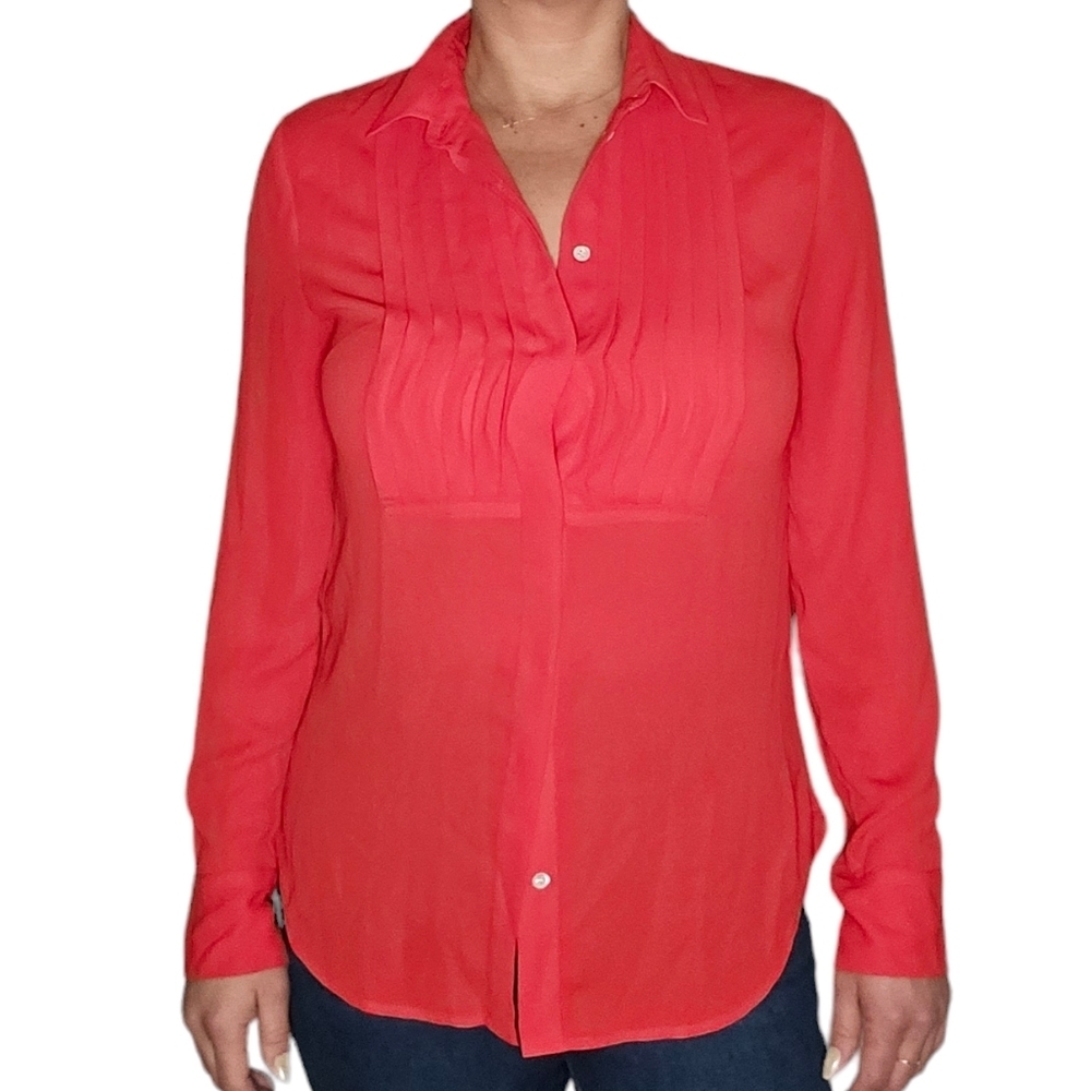 J. Crew Button Down Semi Sheer Long Sleeve Blouse Size 6 Red Dark Pink
